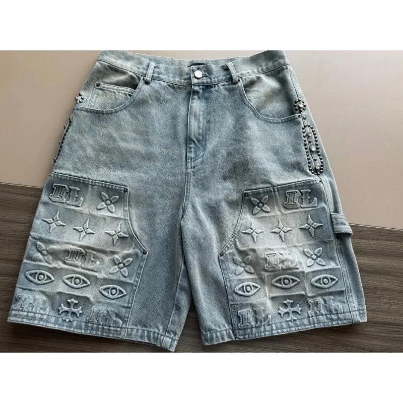 Embroidered letter denim shorts 2024 men's new summer fashion fresh retro trend fashion street denim casual pants medium pants