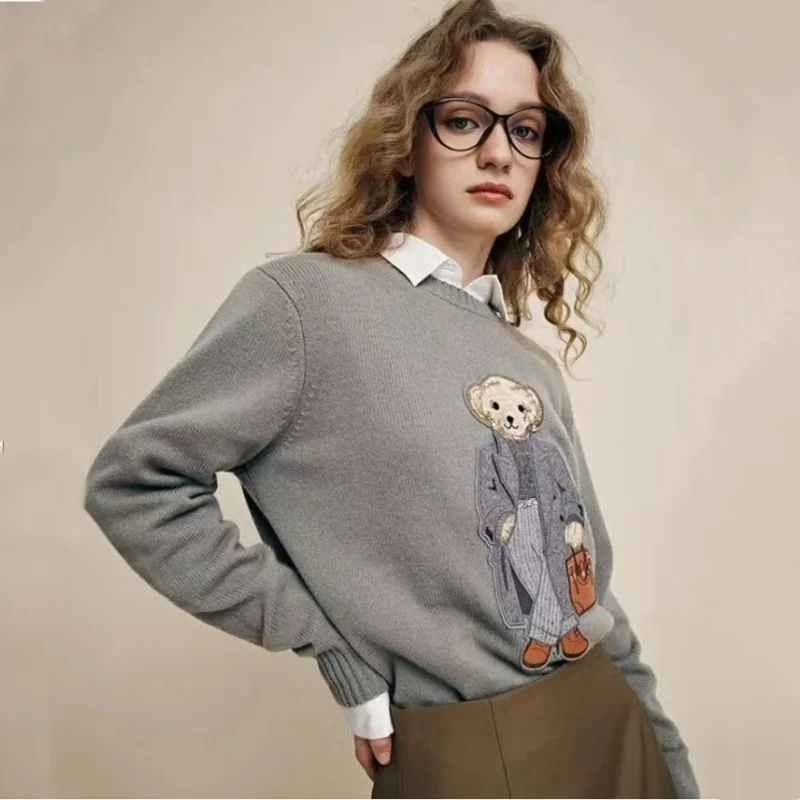 Spring Cashmere Women's Pullover Ralphs Bear Sweater Stylish Casual Loose Fit O-Neck Knit Lauren Bear Women's Sweater 2024 New