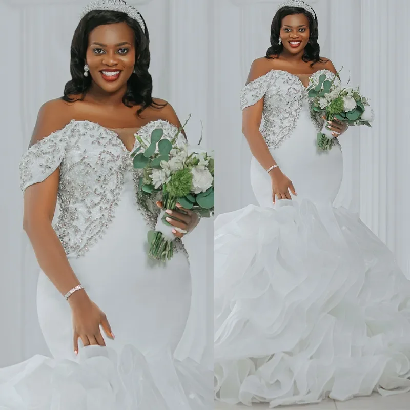 Luxury Mermaid Formal Bridal Dress Off Shoulder Rhinestone Beaded Layered For African Wedding Dress Vestido De Novia Customized