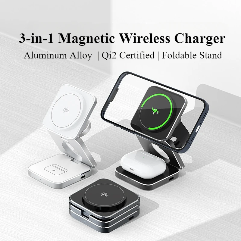 

New Qi2 Certified 3-in-1 Magnetic Wireless Charger Folding Stand, Compatible with IPhone 16, 15, 14 Pro Max, AirPods, IWatch