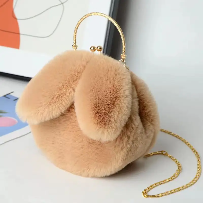 

Plush Shoulder Bags Women's Hand-held Crossbody Bags Chain Phone Bag Versatile and Fashionable Small Round Rabbit Ear Clip Bag