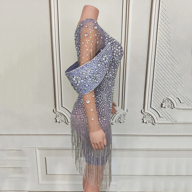 Vestido de fiesta brillante con diamantes de imitación para mujer, vestido de cantante con flecos, disfraz de Jazz, traje de Festival, Bar, Dj, Ds, ropa para discoteca