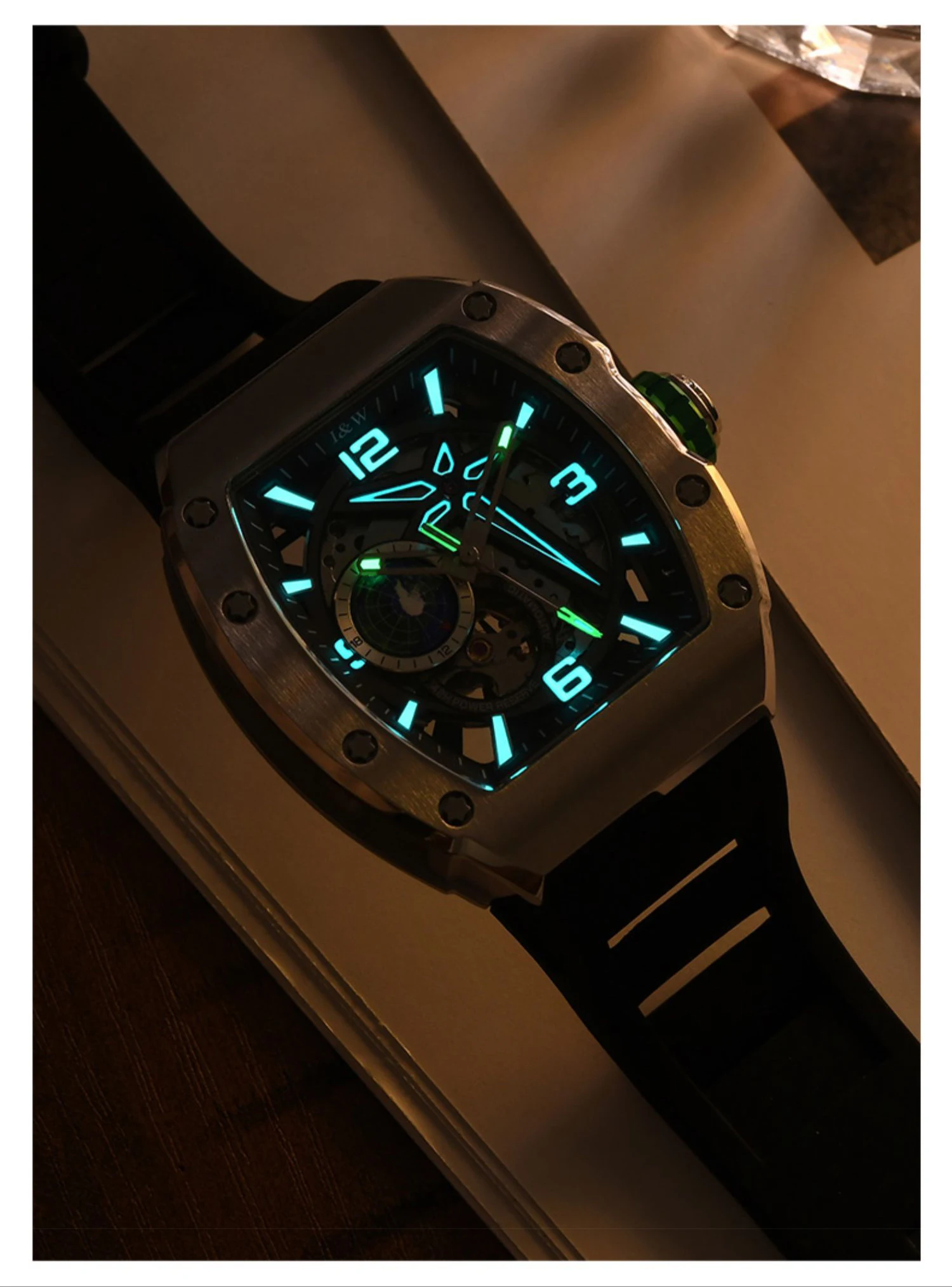 I & W ساعة أوتوماتيكية للرجال فاخرة 42*49 مللي متر Tonneau ساعة يد ميكانيكية 50 متر مقاوم للماء هيكل عظمي مضيء 24 ساعة حزام مطاطي