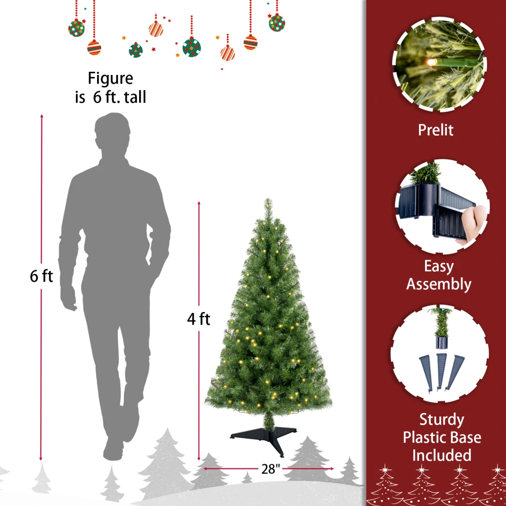 4ft Prelit Christmas Tree, 100 Warm White LEDs, 241 PVC Tips, Norwood Spruce, Easy Indoor Assembly, Stand.