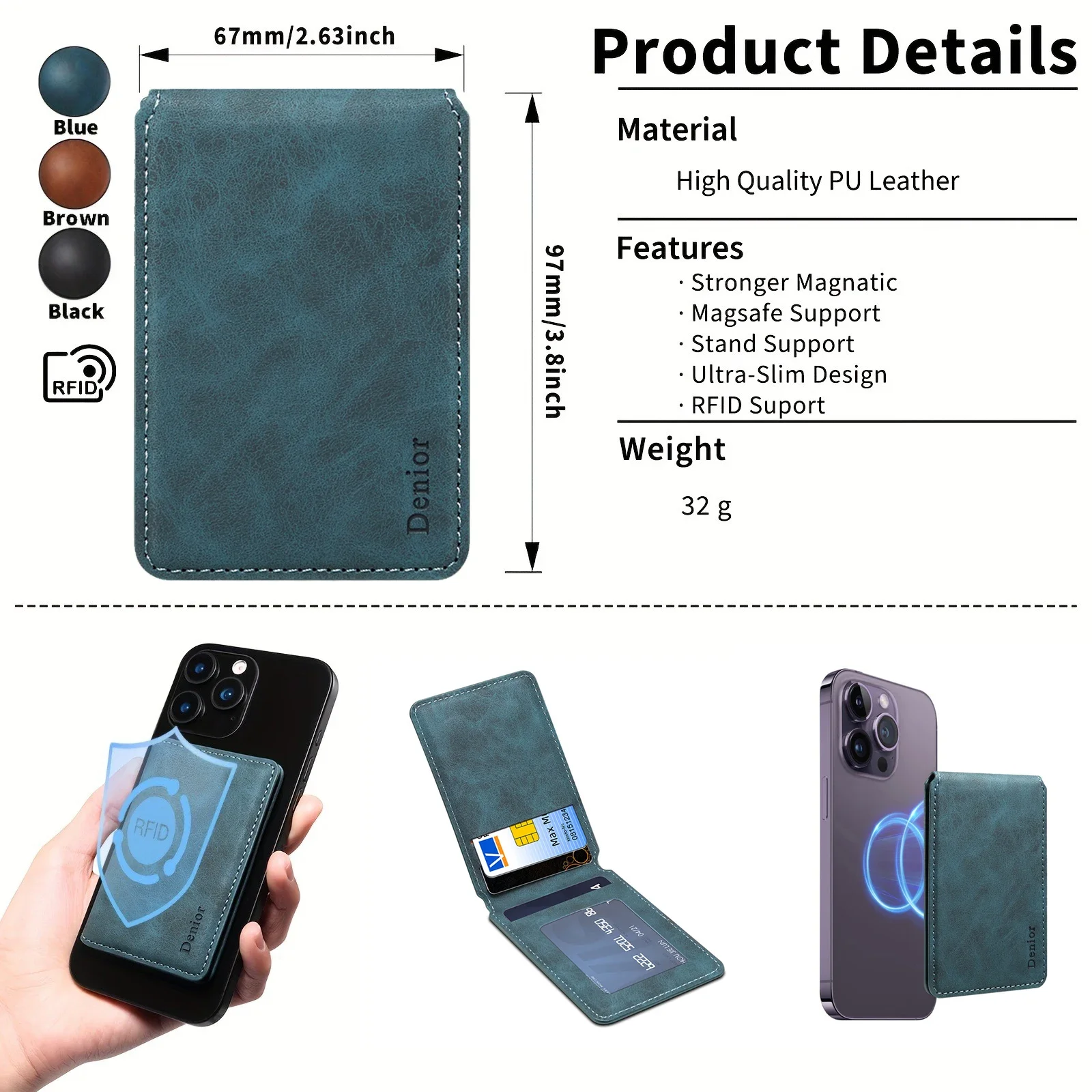 RFID Shielded Credit Card Magnetic Wallet 3 Card Slot PU Leather Strong Magnetic Phone ID Credit Card Clip Wallet Men's Gift