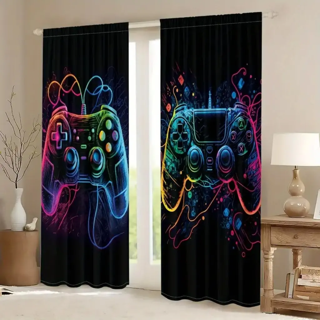 2P, Game Controller, Colorful Game Console Digital Printing Living Room Curtain, Semi-transparent Curtain Protects Privacy Curta