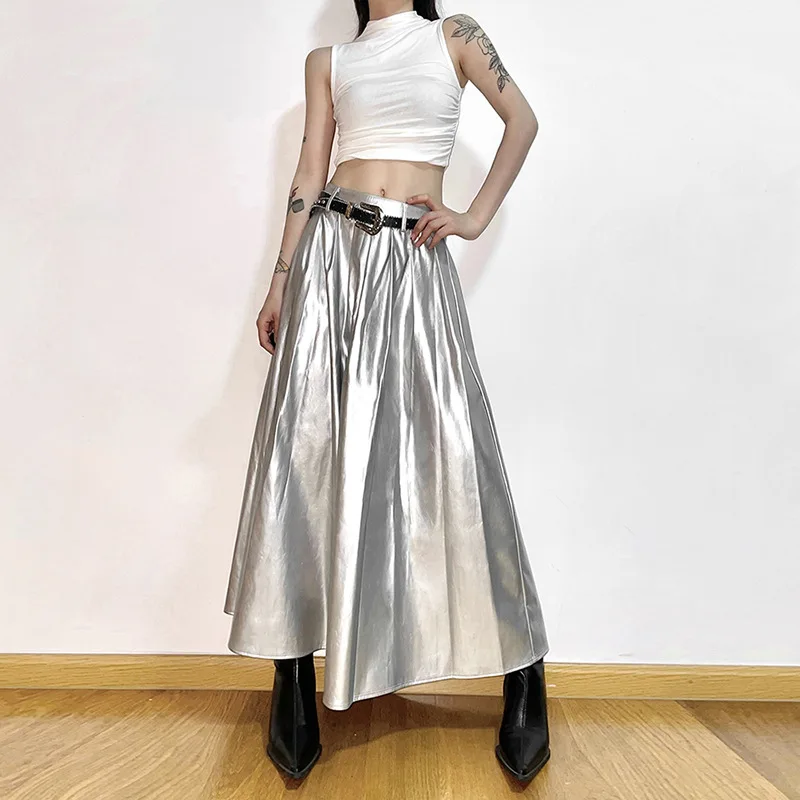 

Gothic High Waist Pleated Skirt Harajuku Cyberpunk Sliver Streetwear Women Mall Emo Alternative Rave Outfit Female