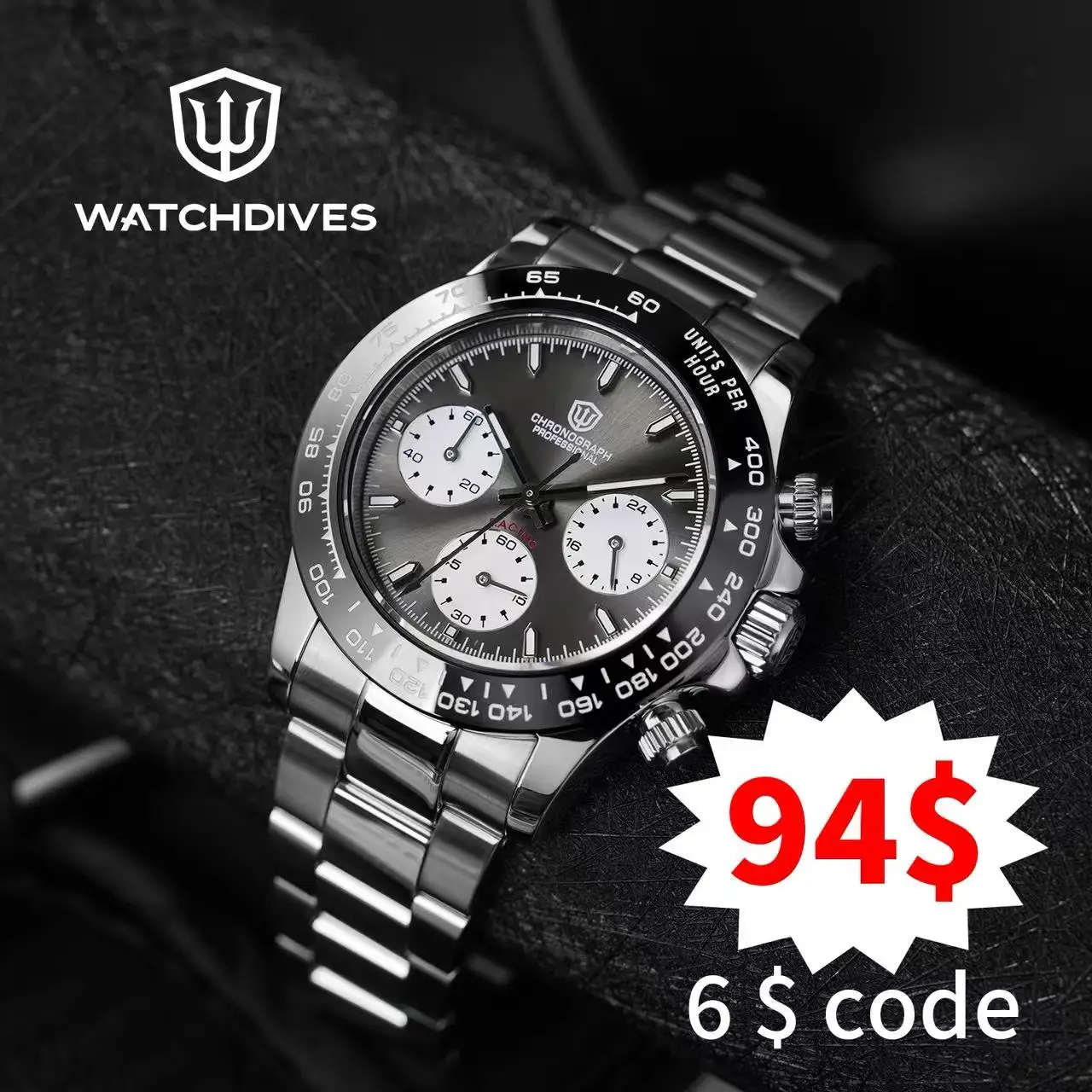 

Watchdives WD16500 Watch VK63 Quartz Movement Chronograph Watch Sapphire Ceramic Bezel Luminous 100m Waterproof Watches