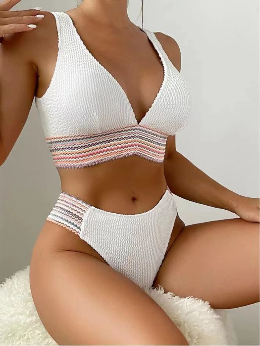 

2024 Sporty Deep V Bikini Ribbed Swimsuit Solid Women Sexy Swimwear Female Bathers Bathing Swimming Swim Suit Beachwear