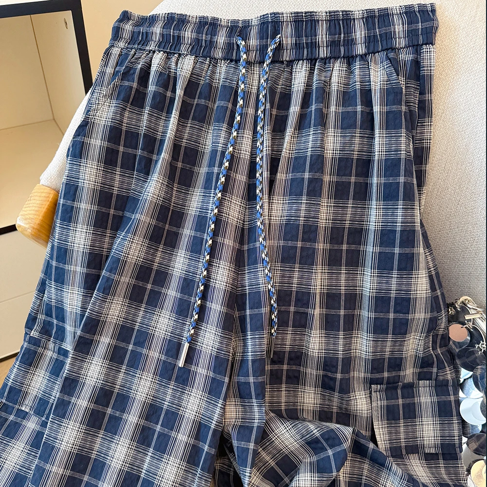 레트로 레이지 슬레 체크 팬츠 여성용 루즈 캐주얼 슬리밍 와이드 레그 팬츠 나이프 바나나 팬츠 코튼 스트레이트 컷 바지