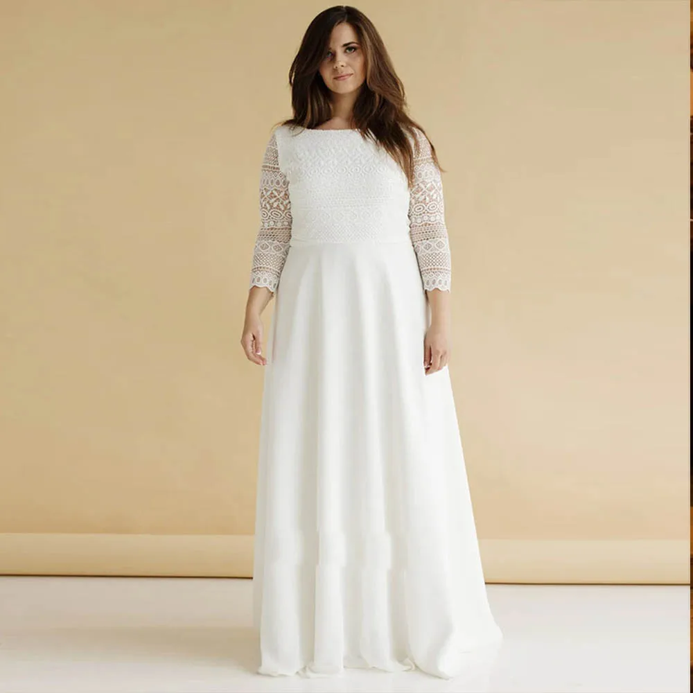 

Simple Plus Size Wedding Dresses For Bride Chiffon O-neck A-Line Bridal Gowns Long Sleeve Lace Brides dress Customized