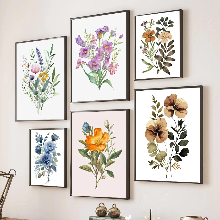 1 Stück rahmenloses Boho-Wildblumen-Aquarell-Blumenblatt-Poster, minimalistischer Leinwanddruck, Wandkunst für Wohnzimmer, Heimdekoration