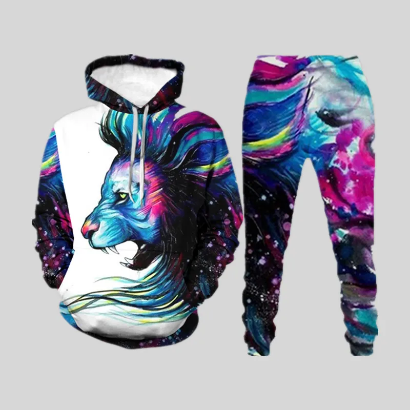 Animal Lion 3D Print Men\'s Tracksuit Sets Casual Hoodie And Pants 2pcs Sets Oversized Pullover Fashion Sweatsuit Men Clothing