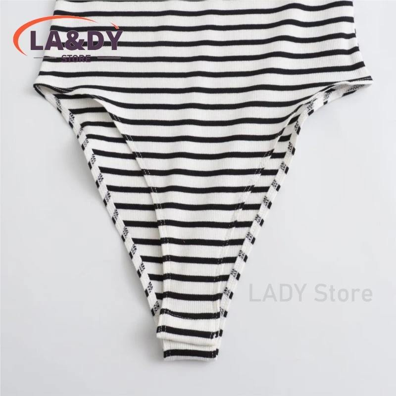 2024 Spring Summer Women Fashion Stripe Female Casual Round Neck High Waist Bodysuit Tops