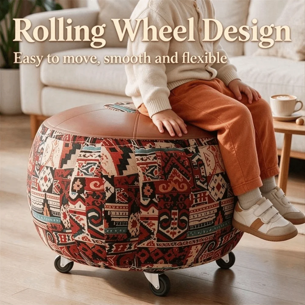 With Wheels Boho Seat Cushion Cover Leather Embroider Craft Sofa Stool Cover Unstuffed Large Capacity Storage Bag Meditation Use