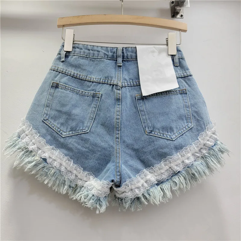 Heavy Industry Flower Lace Fringed Rough Edge Denim Shorts Women's Summer New Street Loose High Waist Thin Wide Leg Hot Pants