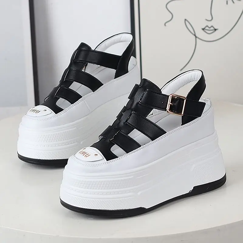 

2026 New 11cm FashionThick Inner Height Sandals Women's Summer Hollow Breathable Small High Heel Muffin Bottom Roman Sandals