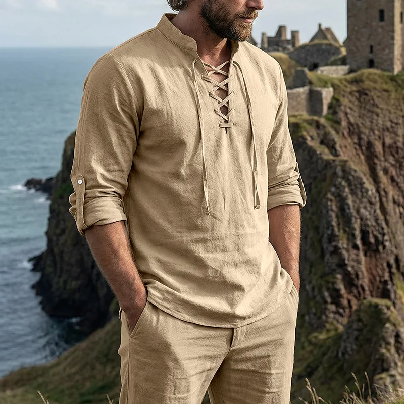 2026 Herren Vintage Mittelalterliches Leinenhemd mit Schnürung, Langarm, Henley-Ausschnitt, Locker Geschnitten, Piraten-Cosplay, Strand, Freizeit, Urlaub, Alltagshemd – Detail 6