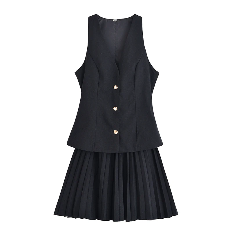 YENKYE 새로운 여성 Pleated Hem 패치 워크 민소매 탱크 드레스 프론트 버튼 V 넥 하이 스트리트 드레스 우아한 오피스 Vestidos