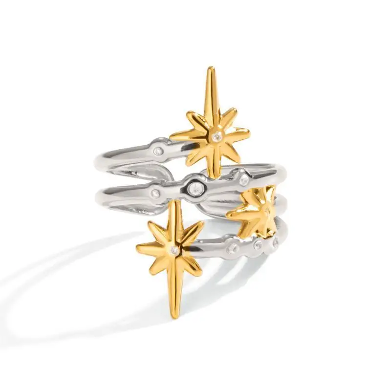 Eight Pointed Star Inlaid Zircon Open Ring Multi Layer Adjustable Stackable Finger Ring Simple Luxury Jewelry Women Jewellery