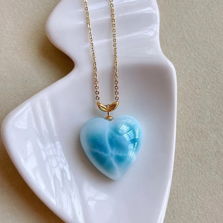 Natural Blue Larimar Oval Bead Pendant Women Men 20*19mm Water Pattern 18K Gold Crystal Love Necklace From Dominia AAAAAAA