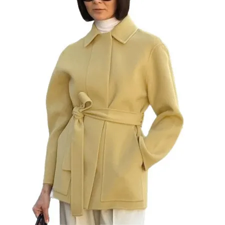 سترة صوفية نسائية للخريف بأربطة باللون الأصفر وياقة مقلوبة وجيوب وأكمام طويلة ملابس خارجية للإناث معطف أنيق للسيدات #5