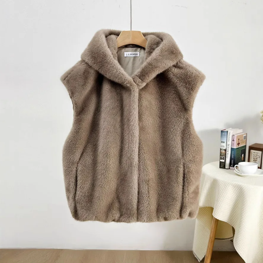 

Spring New Style Women's Hooded Faux Mink Velvet Gilet Snap Button Front Stylish Versatile Cropped Vest Coat Ropa Mujer