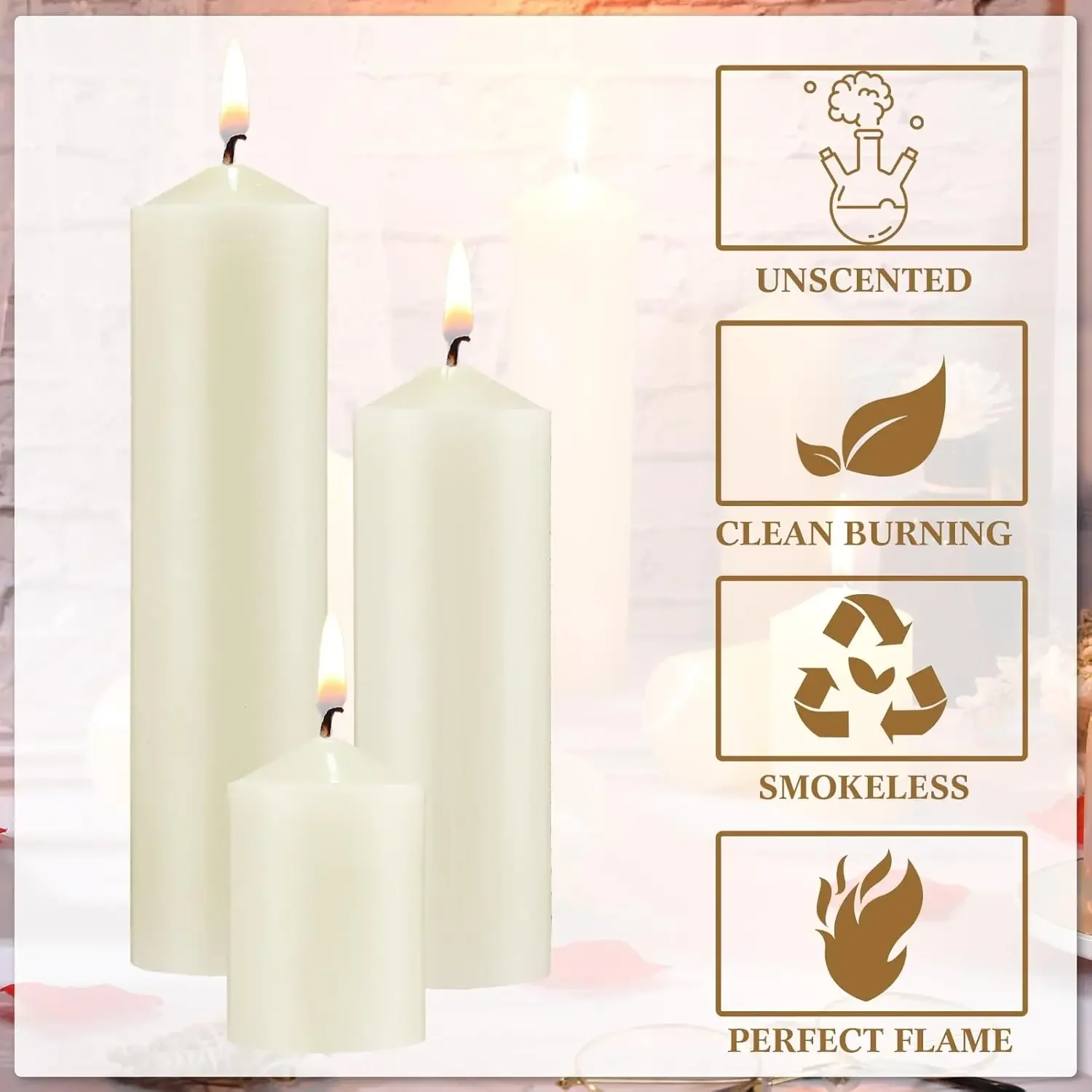 

Set of 72 Ivory Pillar Candles 2 x 3, 2 x 6, 2 x 8 Inch Smokeless and Dripless Unscented Large Candles