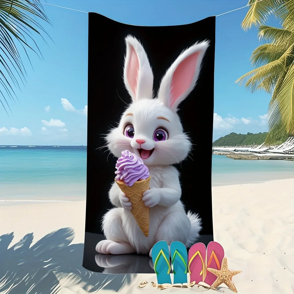 One Piece of a Contemporary Beach Towel Featuring a Soft And Adorable Ice Cream Bunny Design Made from Lightweight Super