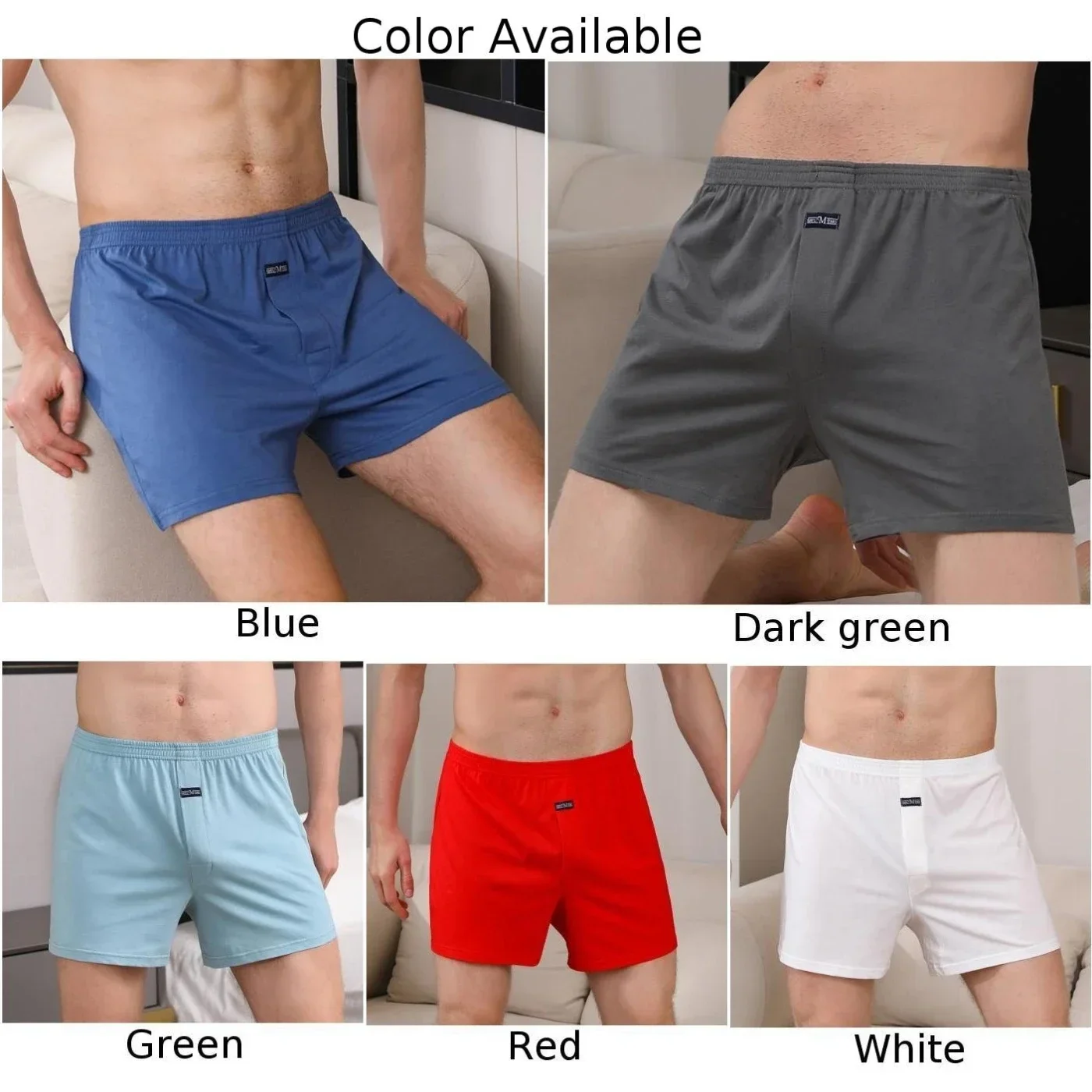 Men Casual Wide Leg Cotton Boxer Shorts Briefs, Available in Different Colors (Red, White, Green, Dark green, Blue)