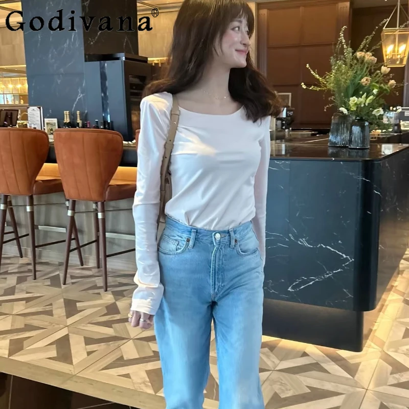 

Japanese Solid Color Women's Long-sleeved Top Spring and Summer Girl's Crew Neck Casual Versatile T-shirt Lady Slimming Pullover