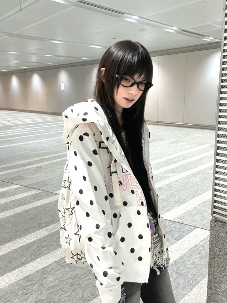 

Retro American Polka Dot Letter Embroidery Hooded Zipper Sweatirt Women's Loose All-Match Outerwear Autumn Winter Small Size