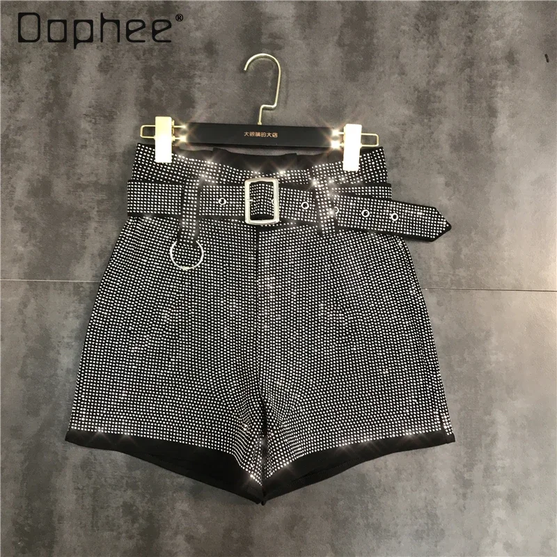 

Rhinestone Shiny Shorts for Women with Belt High Waist Slim Short Pants Heavy Industry Party Clubwear 2024 Autumn Fashion