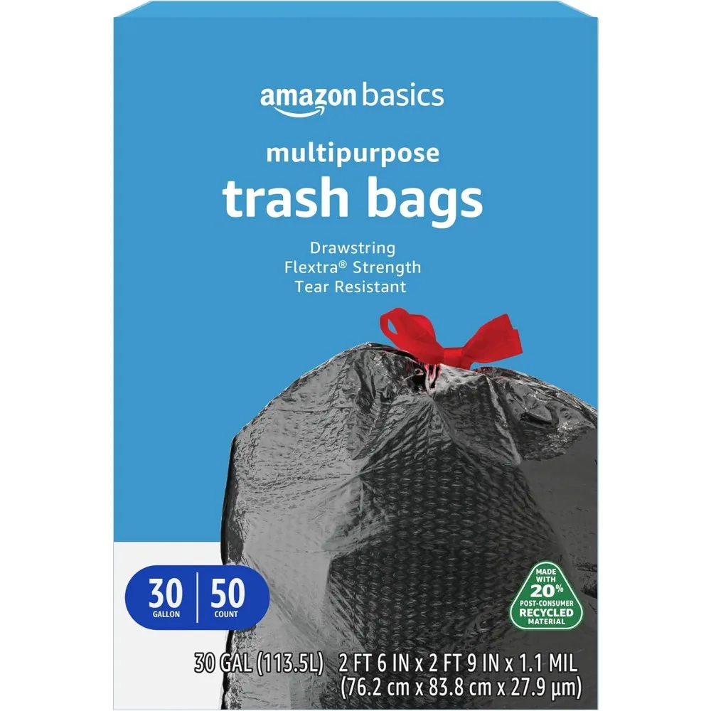 

30 Gallon Heavy-Duty Drawstring Trash Bags, 20% Recycled, 50 Count - Multipurpose & Strong