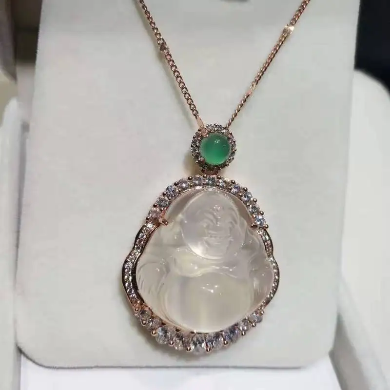 New-Colored Chalcedony Pendant With Jade Rose Gold Inlay, Featuring A Large Buddha Design, Stylish And Versatile