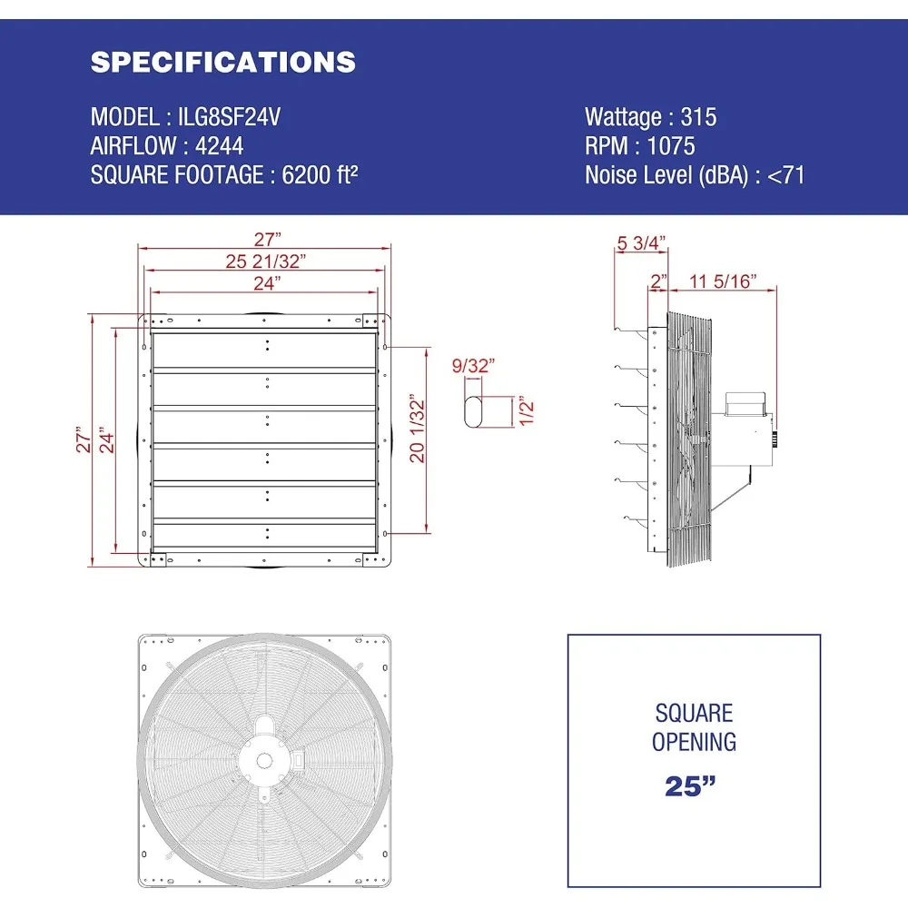 Iliving-24 "Wand-Abluft ventilator-automatischer Verschluss-Entlüftung mit variabler Geschwindigkeit für den Dachboden zu Hause