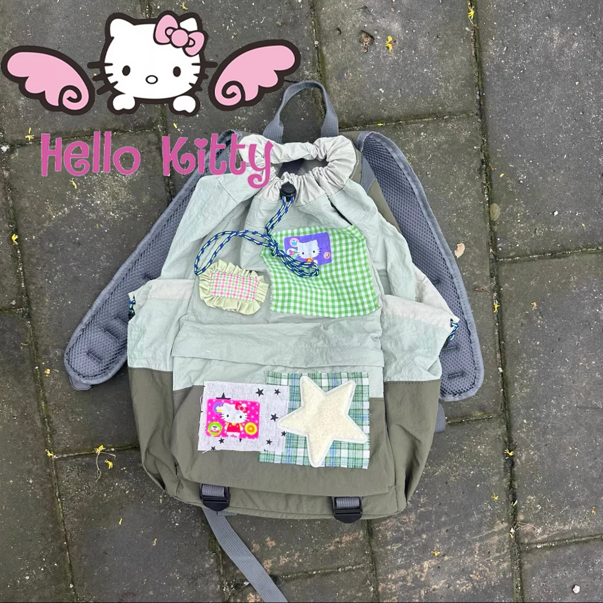 

MINISO новый рюкзак Hello Kitty контрастного цвета, милый зеленый домашний звездный коллаж, японский универсальный рюкзак, подарок для девочки