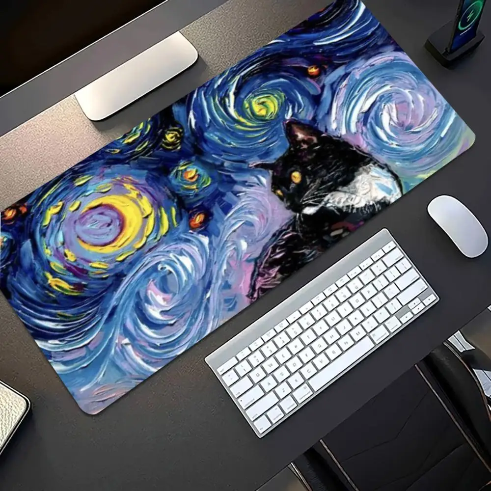 Starry Night Cat Large Desk Mat Non‑Slip Rubber Gaming Mouse Pad HD Print Keyboard Pad For Office Laptop Gamer Pc Accessories