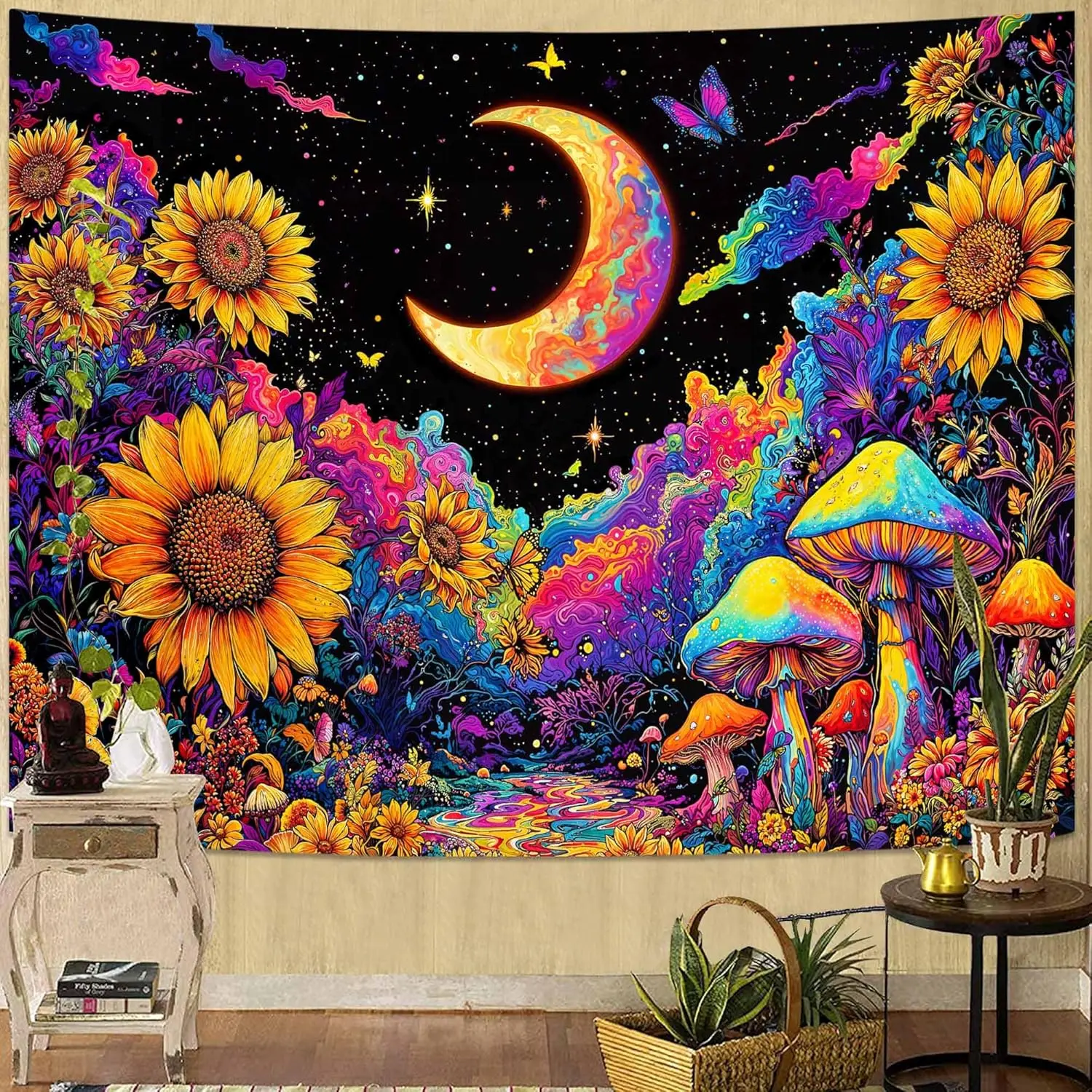 Psychedelic Boho Tapestry Wall Hanging Polyester Cosmic Sunflower Floral Moon Night Sky Bohemian Living Room Decor Art Print Gif