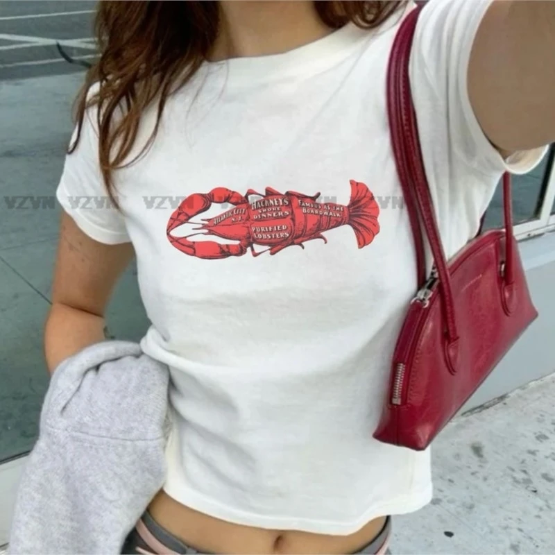 

Y2K 2000s crayfish Printed Crop Tops Harajuku Goth Aesthetic Baby Tees Summer Slim EMO Girl Short SleevesStreetwear