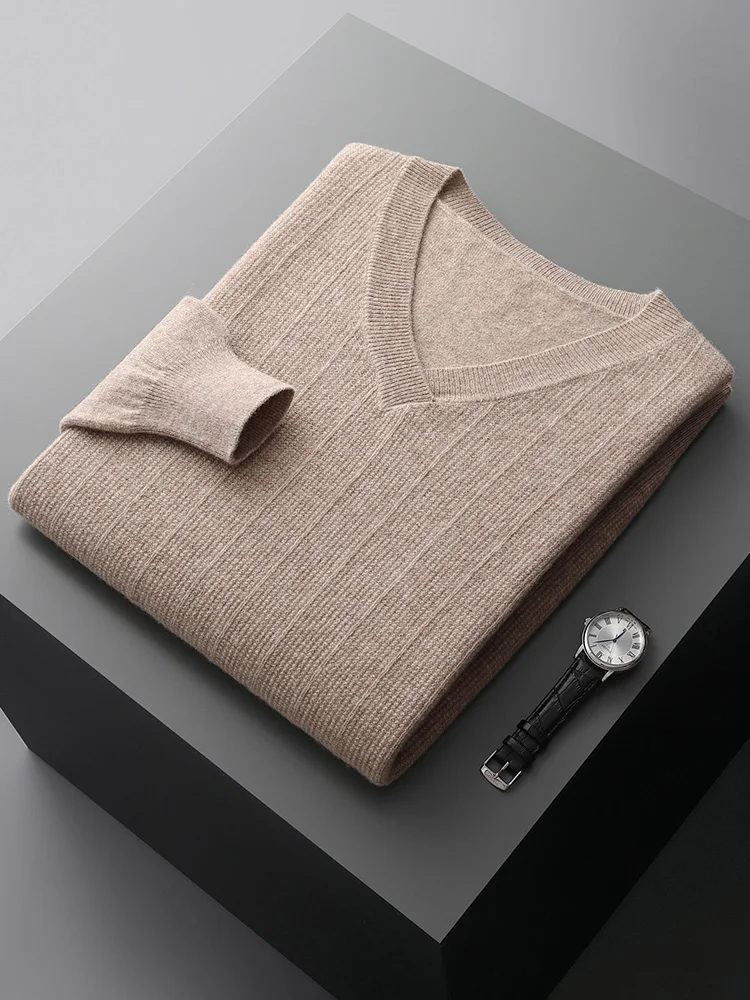 Light Luxury 100% Merino Wool Sweater Men V-Neck Pullovers Loose Solid Knitted Tops Autumn Winter Long Sleeve Warm Base Shirt