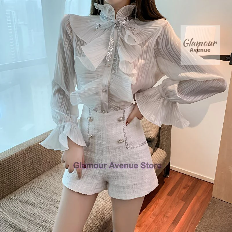 French design sense niche unique wooden ear sequined bow tie-up shirt women's summer semi-high collar flared sleeve shirt