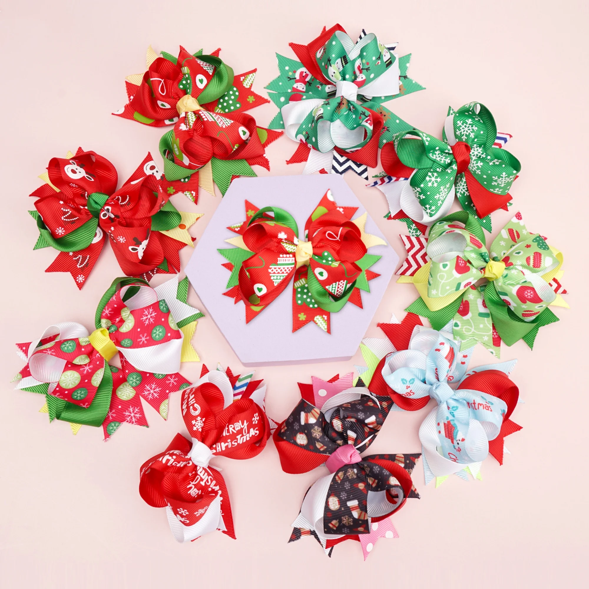 6/8PCS Christmas Hair Bows 4.8Inch Grosgrain Ribbon Bows Alligator Hair Clips Hair Accessories Christmas Gifts for Baby Girls