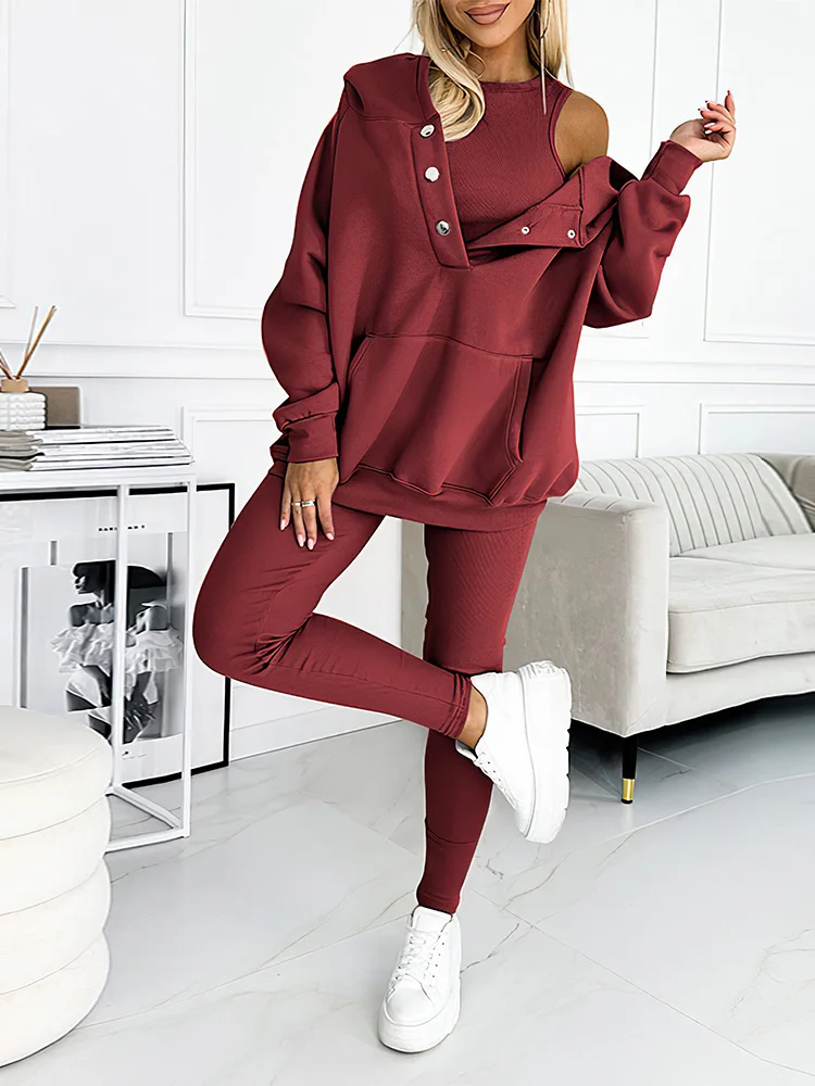 Deioao Female Solid Casual Daily Three Piece Set Women Autumn Winter Long Pants Slim Outfits Lady Vest Hoodies And Trouser Suit