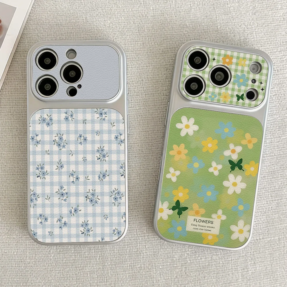 Karierte Blumen-Leder-Handyhülle für iPhone 16 Pro Max 11 15 13 12 14 17 Pro Stoßfeste Schutzhülle mit Trageriemen