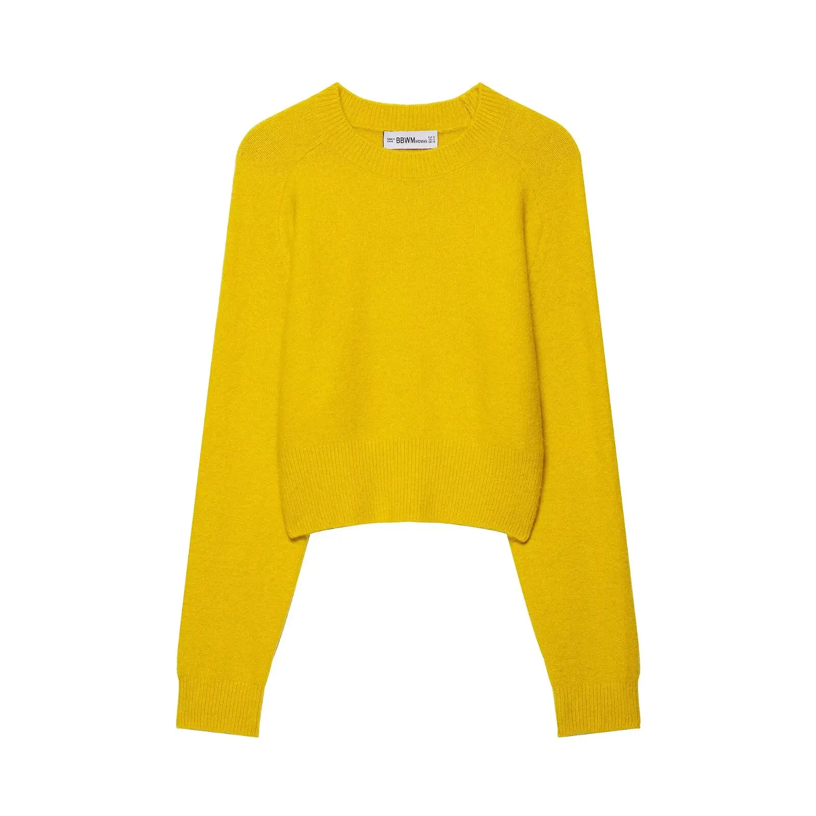 

Fall New Arrival Women's Soft Knit Cropped Pullover Yellow Casual Fashion Long-Sleeve Crew Neck Simple Basic Knit Top