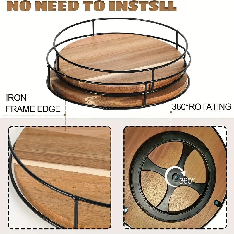 Rotating Round Wooden Storage Rack Desktop Organizer Kitchen Spice Storage Tray