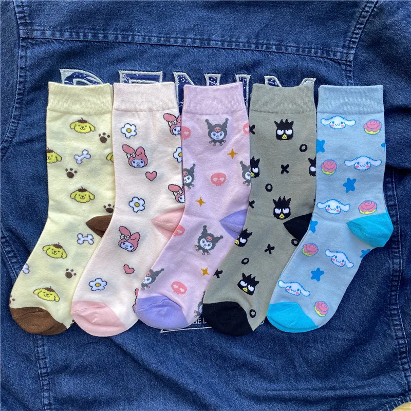 Fashion Sanrio Socks Kawaii Hello Kitty Kuromi Cinnamoroll Cartoon Kawaii Student Stockings Cute Girls Cotton Home Warm Socks