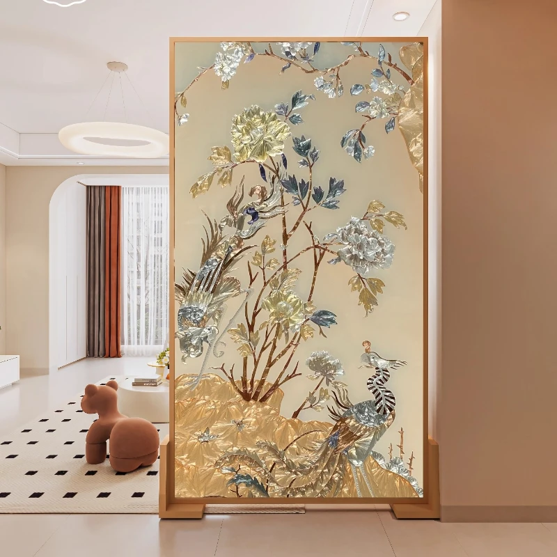 

Enamel color hand-painted art glass movable screen partition translucent French living room entry shelter