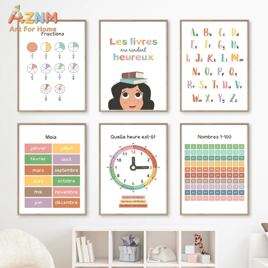 AZNM French Kids Educational Canvas Wall Art Alphabet Numbers Clock Fractions Week Days Learning Print Frameless Canvas Painting
